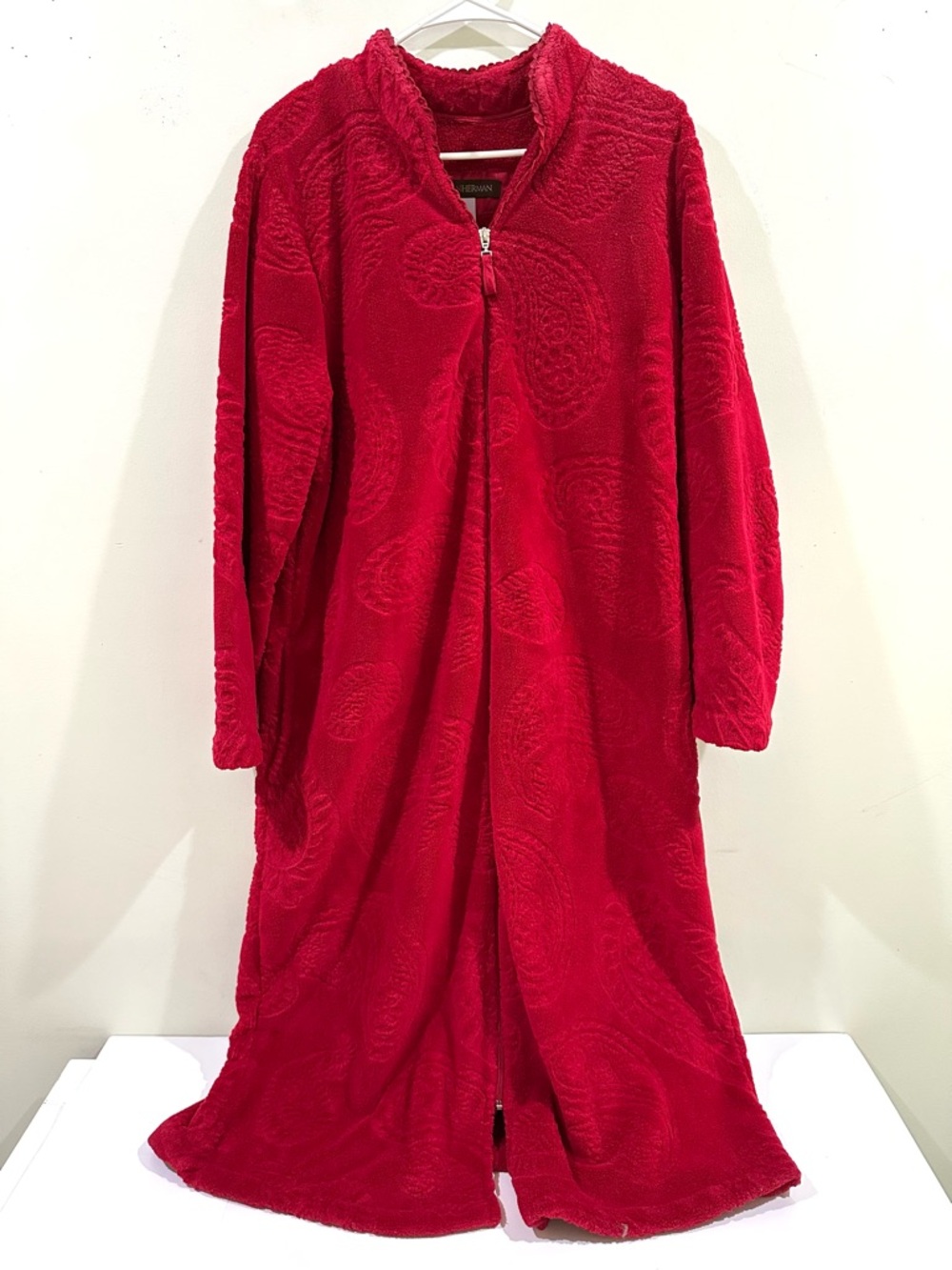 Stan Herman Womens Red Burgundy Paisley Plush Robe Housecoat Zip Pockets- XL